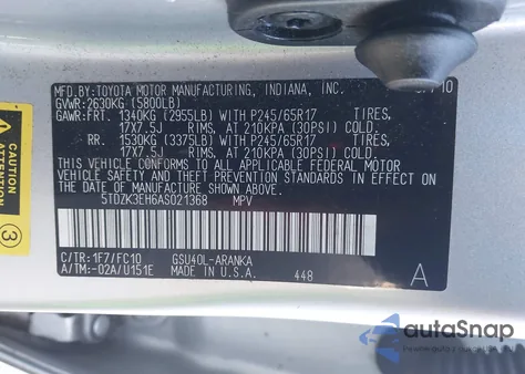 2010 Toyota Highlander Base V6 z USA, uszkodzony, nr VIN 5TDZK3EH6AS021368